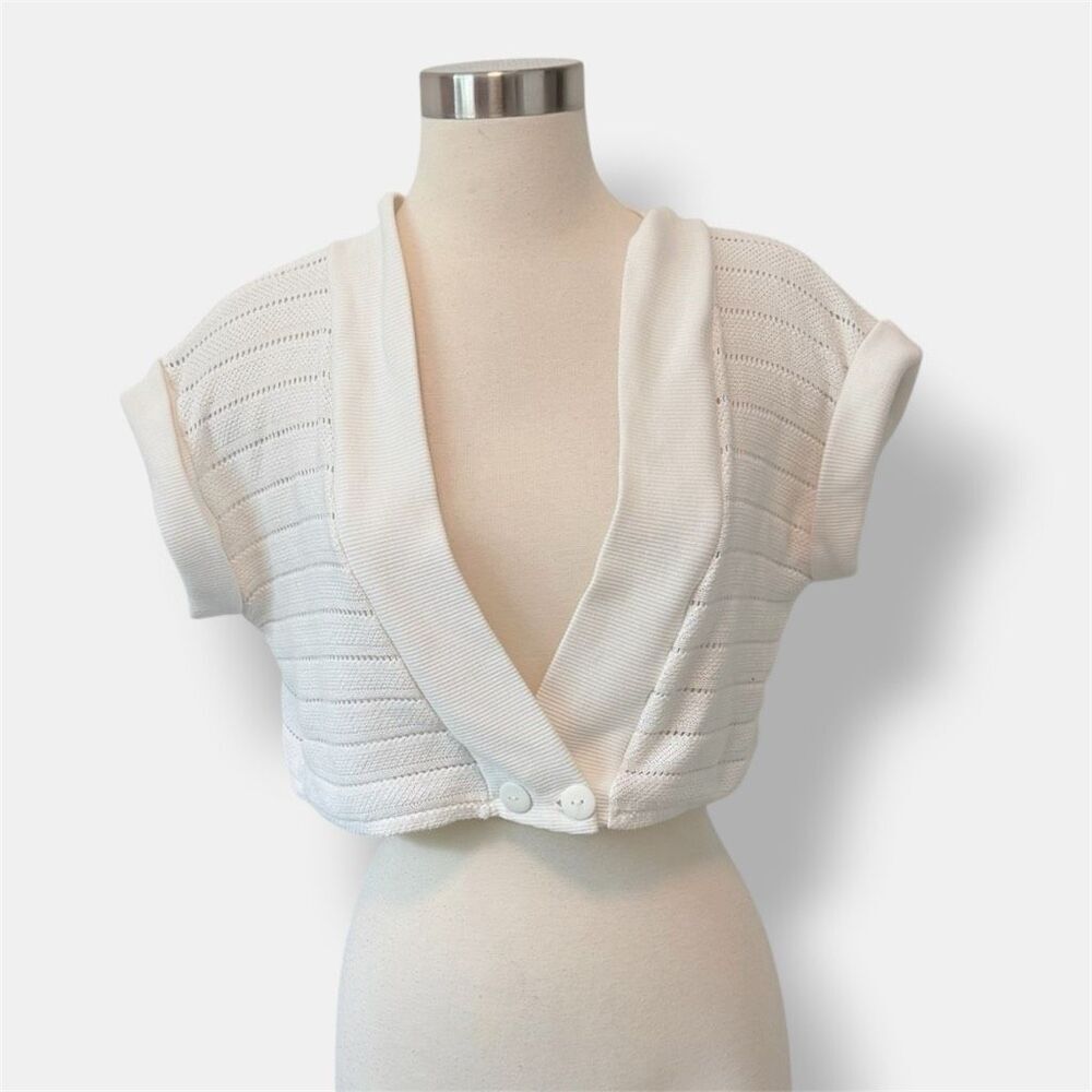 Vintage Five Sports Cropped White Cardigan Front Button Eyelet Sheer Large